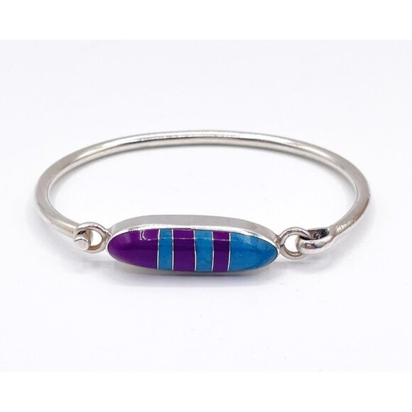 VTG 925 Sterling Silver Turquoise & Sugilite Inlay Hinged Bangle Bracelet Mexico - Picture 3 of 12